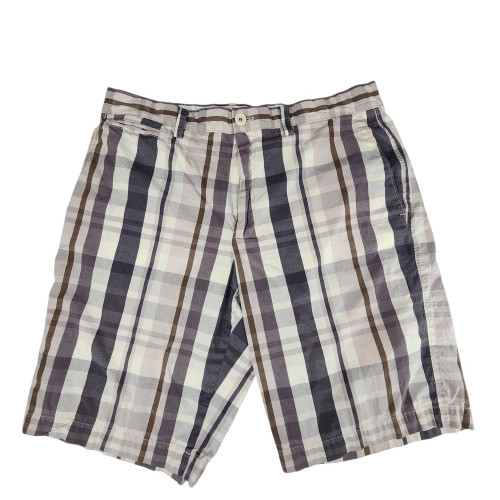 Banana Republic Short sz 34 Men Bermuda Plaid Gray Brown 10.5" Flat Front Preppy
